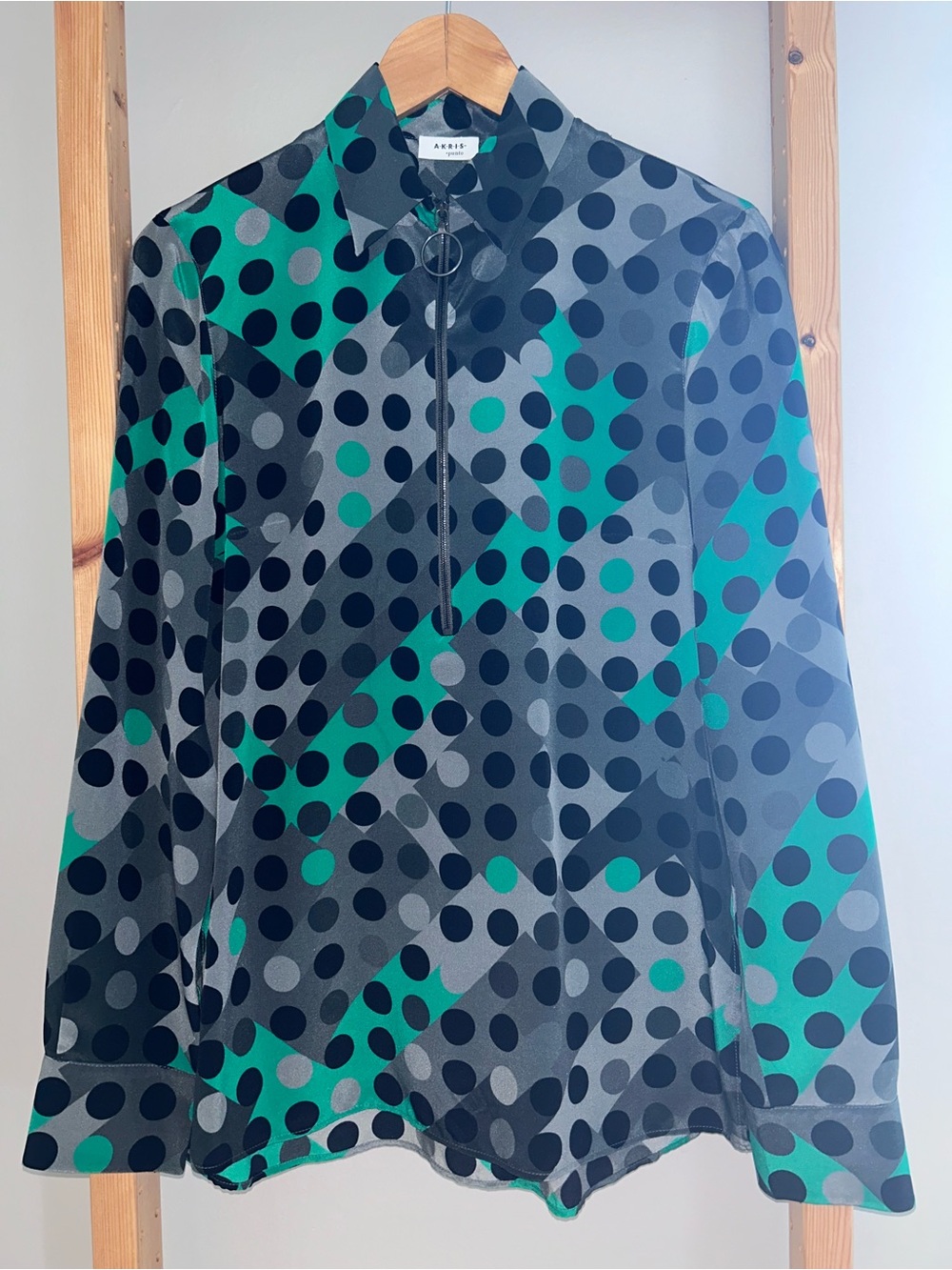 Akris Punto Emerald Green, Black & Gray Polka Dot Zip Front Blouse Size S/M